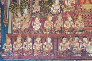 Murals in the Buddhaisawan chapel depicting the celebrations of the royal wedding of the Bodhisattva