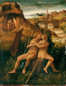 Venus and Mars in a River Landscape with Vulcan Labouring in His Forge by School Venetian