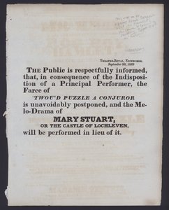 Notice of a change to the billed performance at the Theatre Royal, Edinburgh, 30 September 1829 by Scottish School