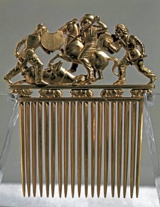 Scythian art: gold comb decorated with scenes of battles with Scythian warriors. From the tumulus of Solokha in Russia (today Ukraine). 5th-4th century BC. Hermitage Museum, Saint Petersburg