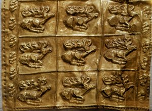 Scythian art: cover of gold quiver decorated with animals (deer). From Tumulus No. 4 in Kelermes, Krasnodar Region, Kuban, Russia, 7th century BC