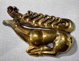 Scythian art: shield emblem in the shape of a deer. Gold object from the end of the 7th, beginning of the 6th century BC. Saint Petersburg, Hermitage Museum by Scythian