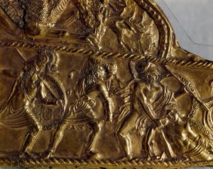 Scythian art: coating of scapes in gold with representation of a battle of the Greeks against the barbarians, 6th century BC by Scythian Scythian