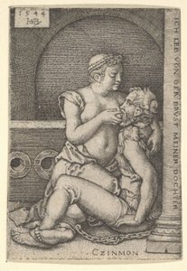Cimon seated against a column at right, suckling from Pero who is kneeling next to him by Sebald Beham