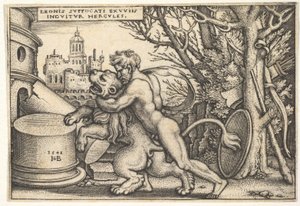Hercules, in Profile, Killing the Nemean Lion with His Arm Around Its Neck, from 