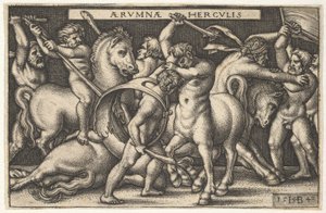 Hercules with His Club in Center Fighting a Centaur, Other Men Fighting Centaurs to Left