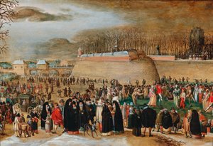 Winter landscape with a carnival scene near the Kipdorppoort Bastion in Antwerp by Sebastiaen Vrancx