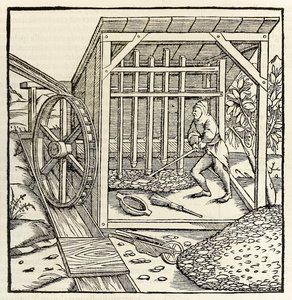 Mining with water wheel, from 1550 edition of Cosmographia by Sebastian Munster by Sebastian Munster