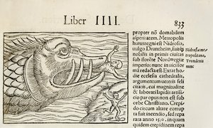 Monstrous whale devouring humans, from 1550 edition of Cosmographia by Sebastian Munster by Sebastian Munster