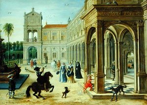 Horseman and Elegant Figures Outside a Palace Courtyard