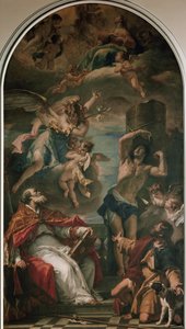 The Virgin in glory with Archangel Gabriel, St Eusebius, St Sebastian and St Roch