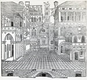 Magic scene, theatrical scene design, illustration from Treatise on Architecture, Book II by Sebastiano Serlio