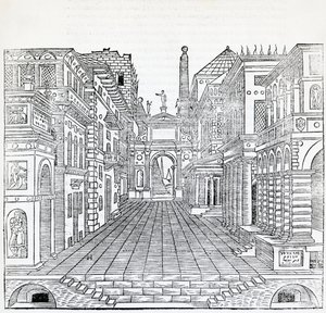 Magic scene, theatrical scene design, illustration from Treatise on Architecture, Book II by Sebastiano Serlio