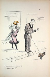 Couple waiting for a dog to finish its business, c.1921