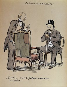 Rich Art Collector inspecting a chair allegedly owned by Colbert. c.1919