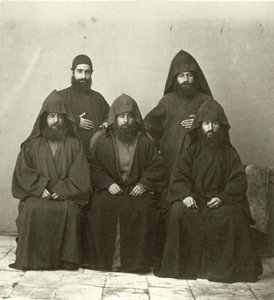 Group of 5 Armenian Priests in the Courtyard of the Mediterranean Hotel, Jerusalem, 1867