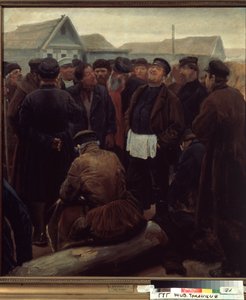 At The Country Community Meeting. Group of Russian Peasants in Front of Farms by Sergei Alexeyevich Korovin