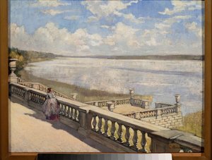 Sunny Day, A Lady At The Balustrade by Sergei Arsenevich Vinogradov