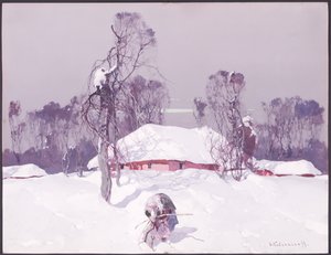 Old Lady Collecting Wood in the Snow
