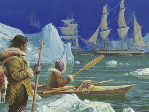 Unidentified Picture of Eskimos (One in Kayak) with Sailing Ship in Background by Severino Baraldi