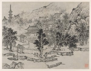 Twelve Views of Tiger Hill, Suzhou: Distant View of Tiger Hill from the Canal Mooring, after 1490
