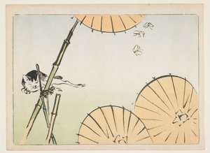 Bamboo, Umbrellas, a Cat and Butterflies by Shibata Zeshin