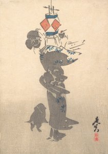 Lighting a Hanging Lantern for the Obon Festival by Shibata Zeshin