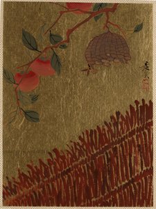 Persimmons Branch and Wasp Nest above a Hedge by Shibata Zeshin