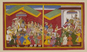 Rama Is Crowned and Rewards His Allies; Sita Gifts Her Necklace to Hanuman by S?hibdin S?hibdin