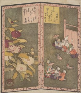 Camellia Flowers Left, People Watching a Cockfight Right, ca. 1820