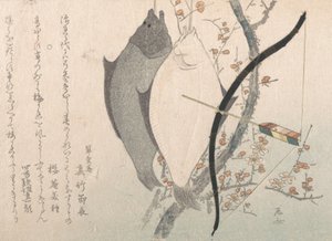 Halibuts and a Bow with Arrow Hanging on a Plum Tree by Shinsai