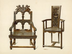 Oak Cacqueteuse Chair, property of Percy Macquoid; Yew Chair, property of the Duke of Leeds by Shirley Charles Llewellyn Slocombe