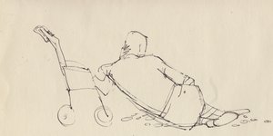 Man Leaning Against Pushchair on the Beach by Shirley Markham