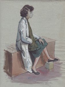 Seated Woman in White Coat, 1952 by Shirley Markham
