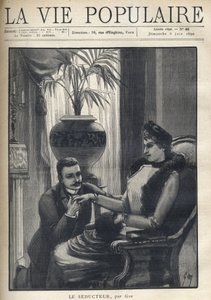 A man on his knees is holding the hand of an elegant woman, sitting in a bourgeois living room, wearing his coat, a sleeve and a fur scarf. Illustration for Le Seducteur by Gyp (Sibylle Gabrielle Marie Antoinette Riquetti de Mirabeau, Countess of Martel