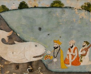 Guru Nanak with Bala, Mardana and the Great Fish (Vishnu in Matsyavatara)