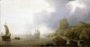 Boats in the shallow waters of a rocky bay, a romantic and idealized vision