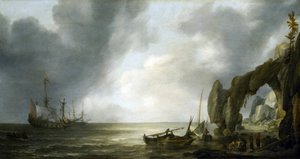 Dutch warships anchored off a rocky coast, a few crewmen landed on the shore, gathered around fishing baskets