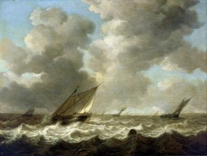 Fishing boats on rough seas, on the skyline the Dutch coast is visible by Simon Jacobsz. Vlieger