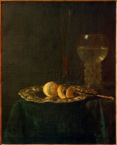 Banquet Still Life with Silver Plate, Lemons, Roemer and Flute by Simon Luttichuys