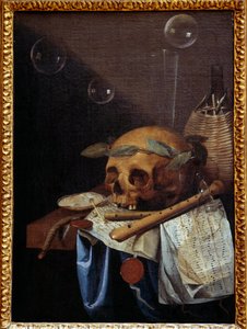 Vanitas Still Life of Skull, Crown of Laurels, Flutes, Score and Wine Jug by Simon Renard de Saint Andre