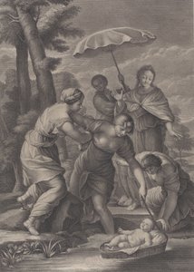 Three women pulling in the basket with the infant Moses from the water, ca. 1729