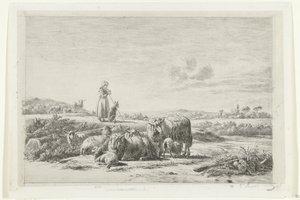 Landscape with Shepherdess and Dog by a Flock of Sheep by Simon van den Berg