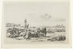 Landscape with Shepherdess and Dog by Flock of Sheep by Simon van den Berg