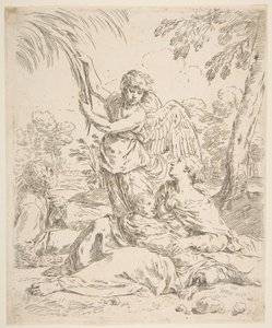 Repose in Egypt, Mary Nursing the Infant Christ while an Angel Pulls at Tree Branches by Simone Cantarini