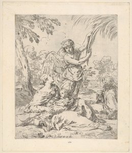 Repose in Egypt, Mary Nursing the Infant Christ While an Angel Pulls at Tree Branches by Simone Cantarini
