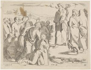 Moses Showing the Tablets of the Law to the People, Biblical Scenes (series title), Historia del Testamento Vecchio / Dipinta in Roma nel Vaticano da Raffaelle di Urbino (series title) by Sisto Badalocchio