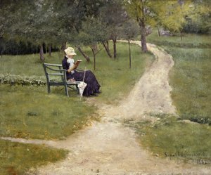 Woman Reading on a Bench by Sofie Thomesen Werenskiold