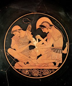 Interior of an attic red figure kylix depicting Achilles Tending the Wounded Patrocles, from Vulci by Sosias Painter