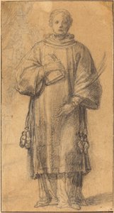 A Standing Saint Holding a Book and a Palm Frond by Spanish 17th Century
